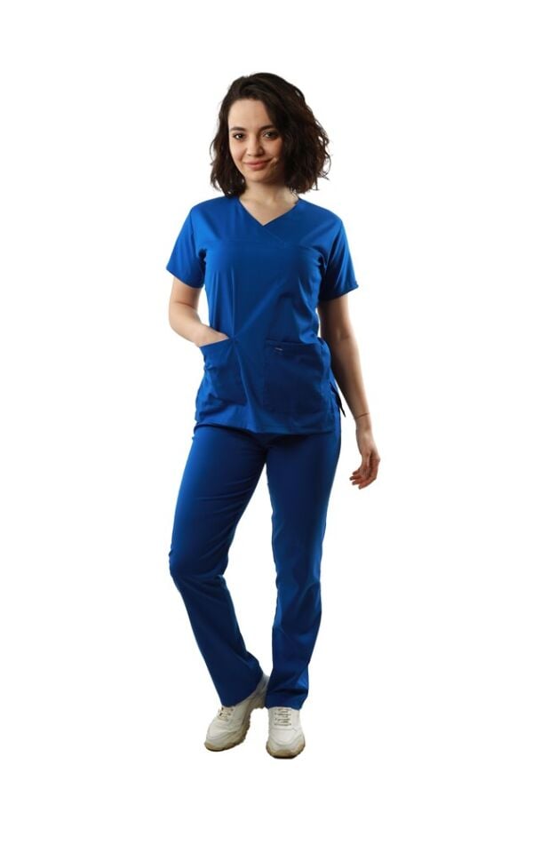 Saks Mavisi Likralı Normal Kol Bayan Takımı