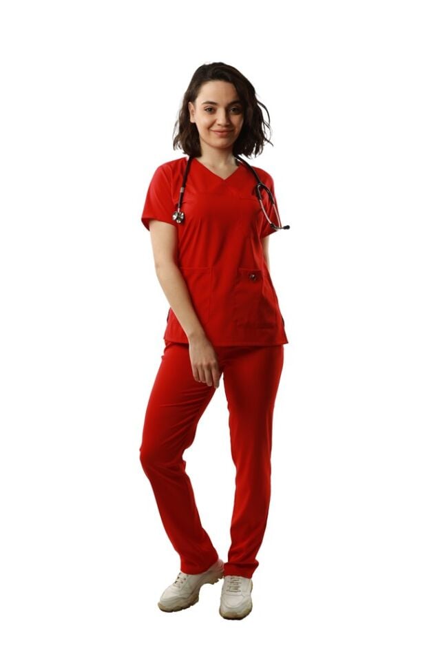 Kırmızı Likralı Normal Kol Bayan Takımı