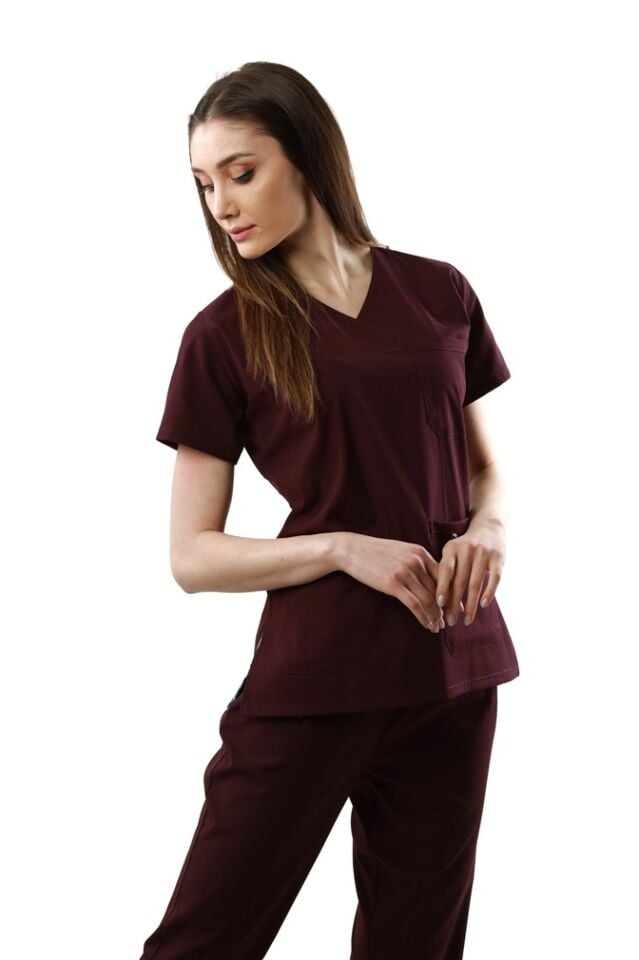 Mürdüm Rengi Likralı Normal Kol Bayan Takımı