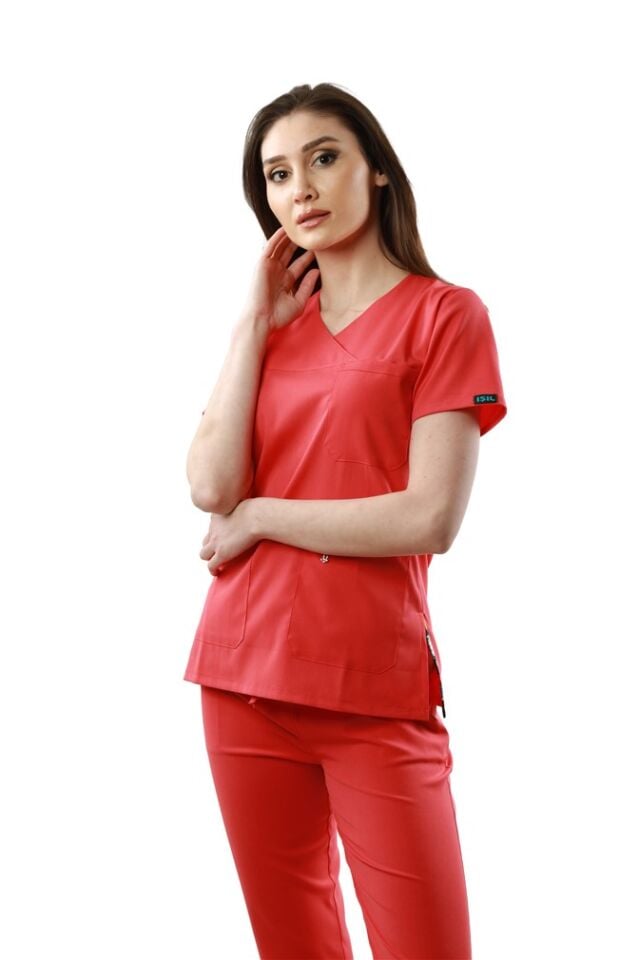 Nar Çiçeği Rengi Likralı Normal Kol Bayan Takımı