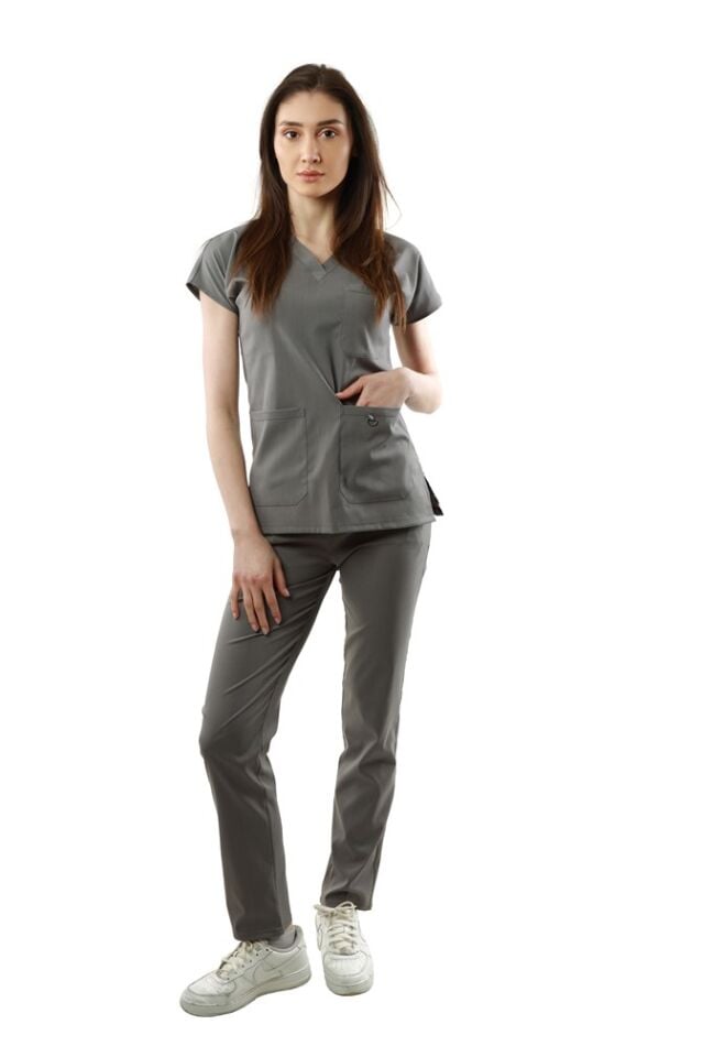 Gri Rengi Likralı Normal Kol Bayan Takımı