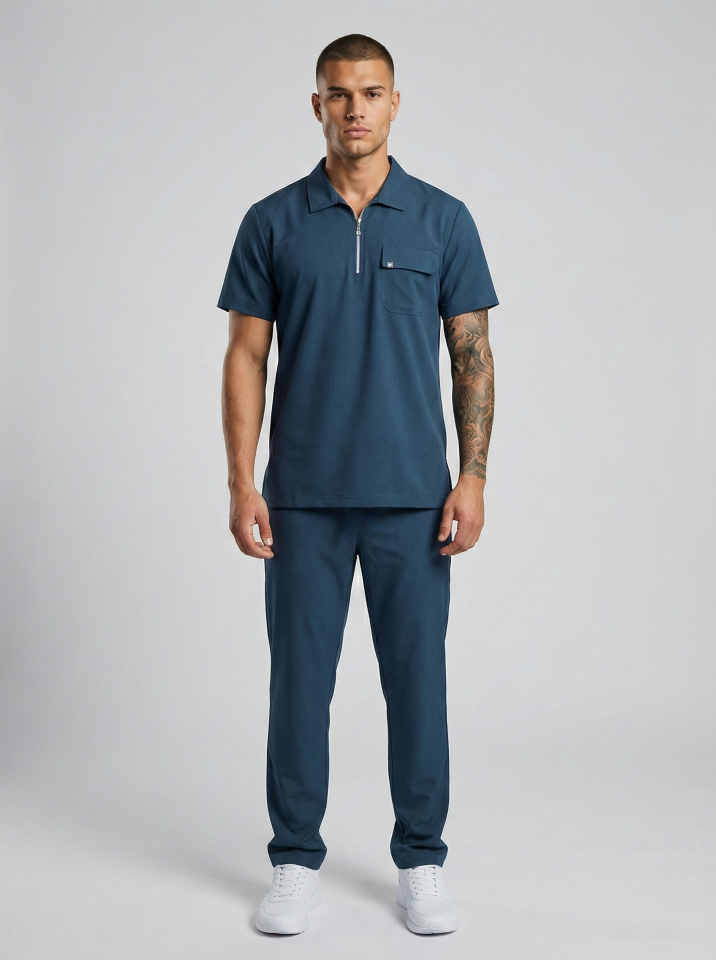 NERO-Petrol Mavisi Likralı Polo Yaka Erkek Takımı