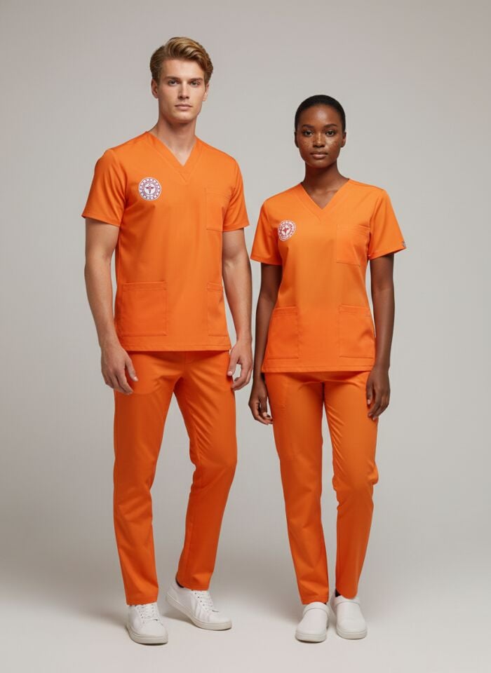 Klinik Destek Forması Scrubs Likralı Takım Sağlık Bakanlığı Uyumlu-Orange Ochre