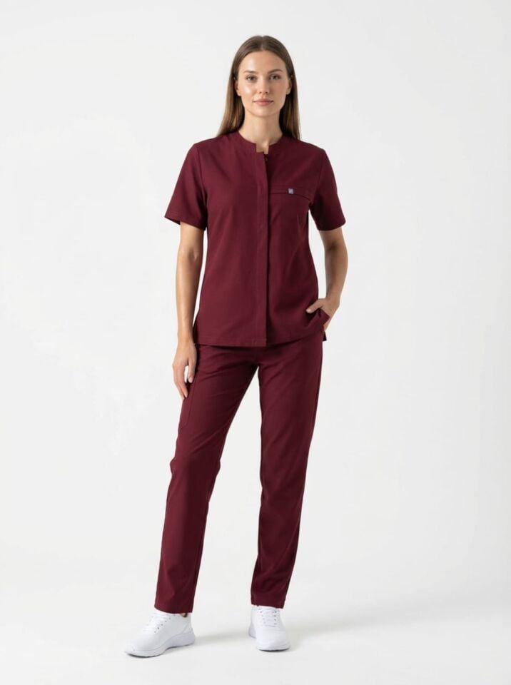 MYRA-Bordo Likralı Tam Düğmeli Bayan Takımı