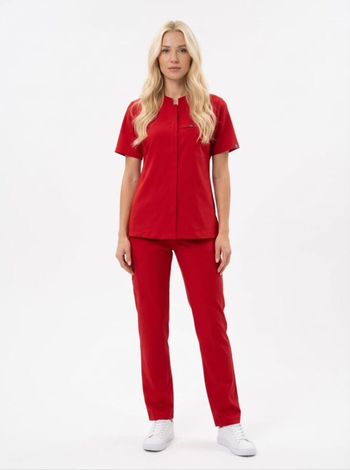 MYRA-Kırmızı Likralı Tam Düğmeli Bayan Takımı