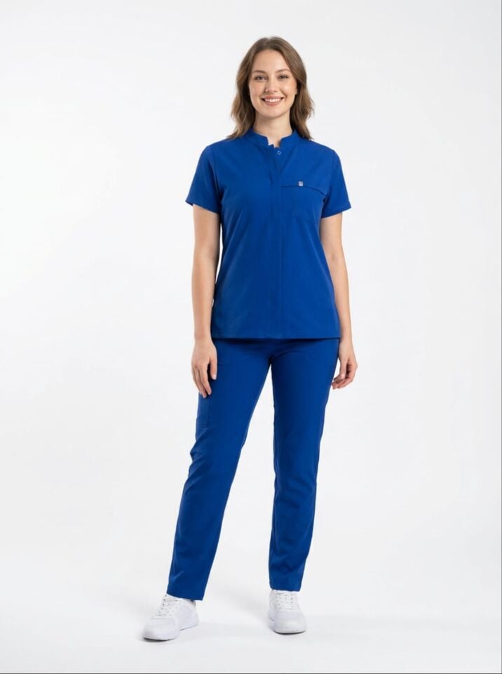 MYRA-Safir Mavisi Likralı Tam Düğmeli Bayan Takımı