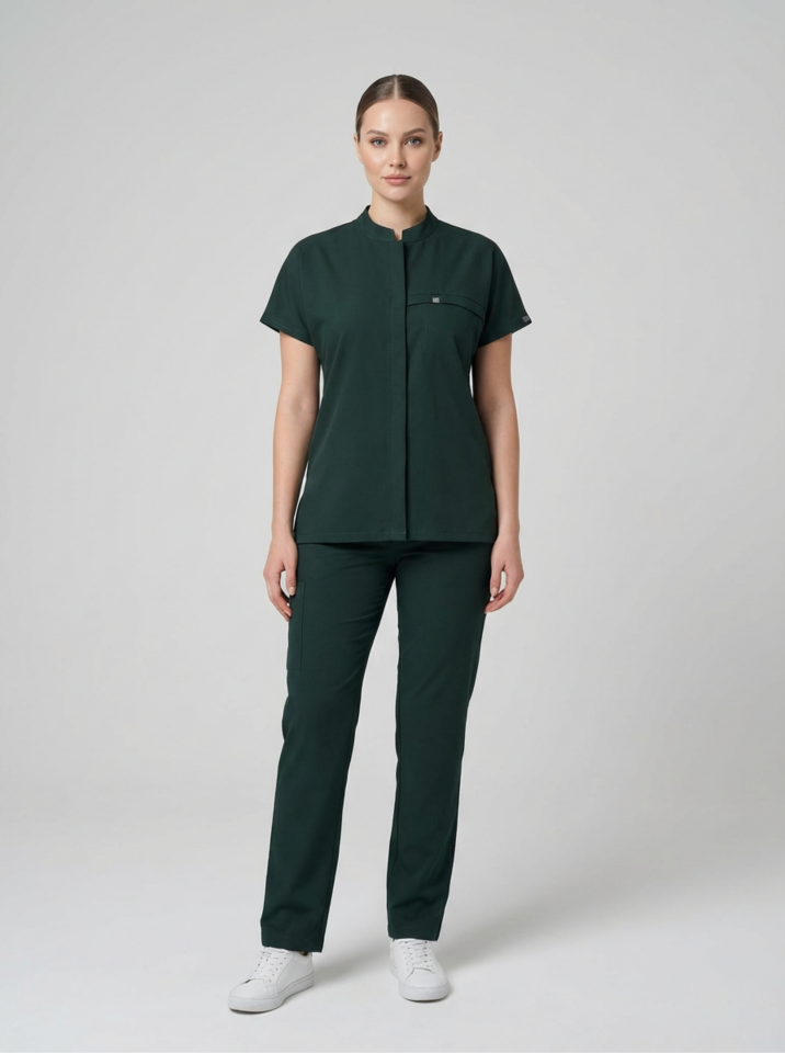 MYRA-Zümrüt Yeşili Likralı Tam Düğmeli Bayan Takımı